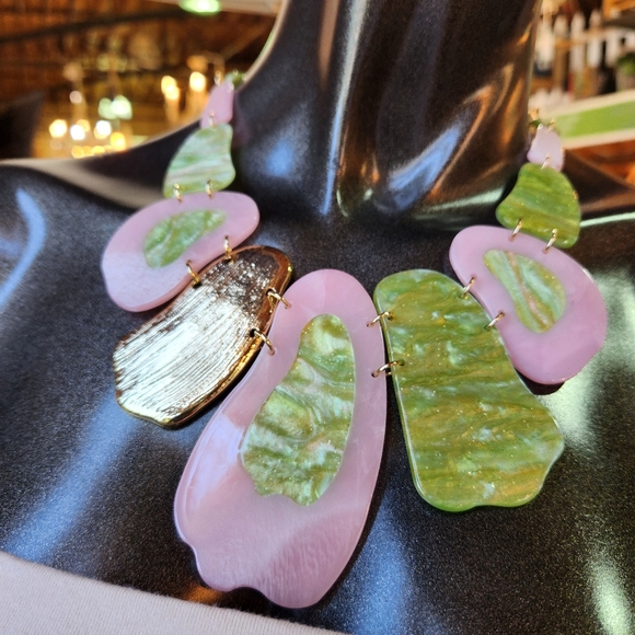 Pink, Green and Goldtone Statement Necklace with Earrings Set - Picture 9 of 17
